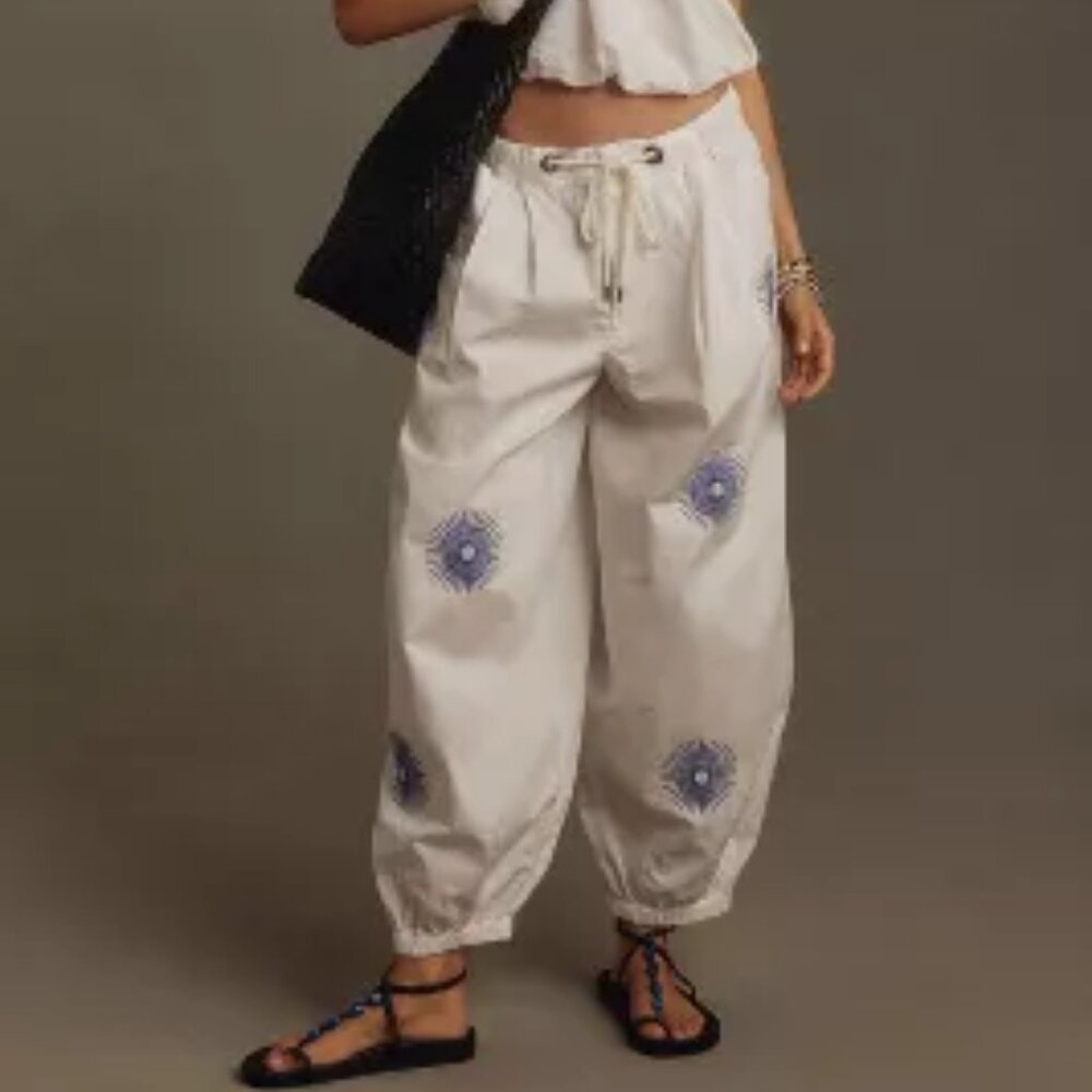Anthropologie White Drawstring Embroidered Harem Pants